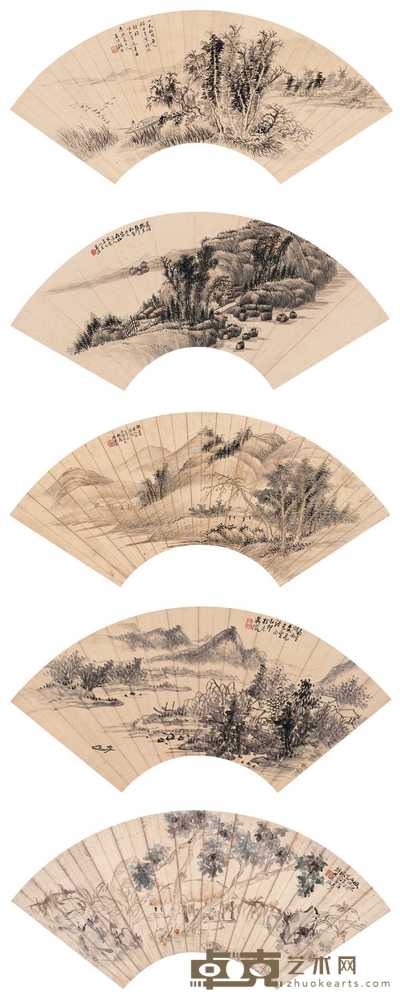 顾澐 吴滔 陈达 吴徵 黄均 1899 1881 1921 1915 1889 1925年作 山水集锦（八件） 扇片 
